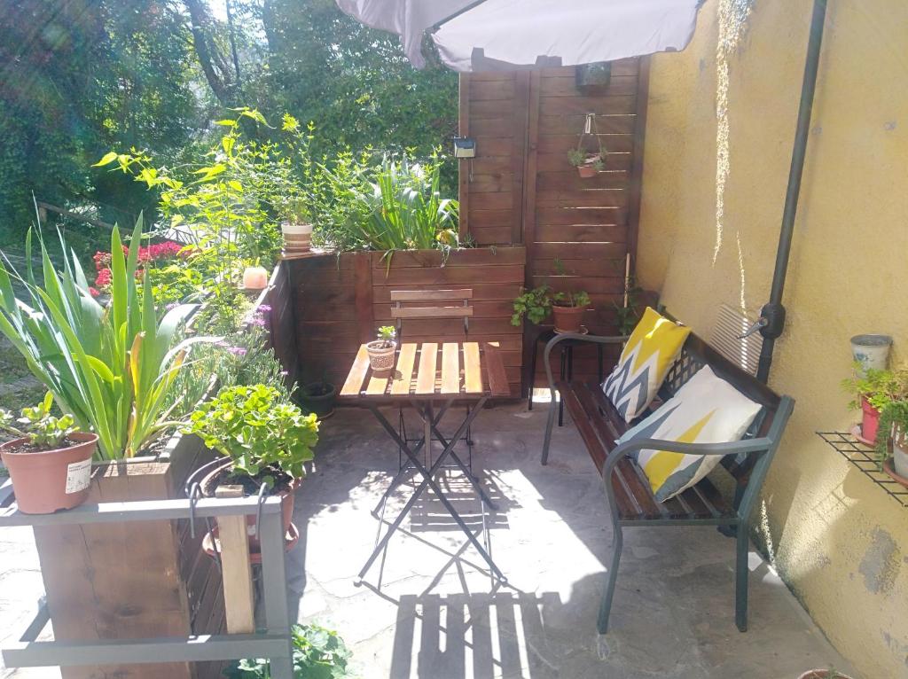 a patio with a table and chairs and plants at CASA GAIA in Trivigno