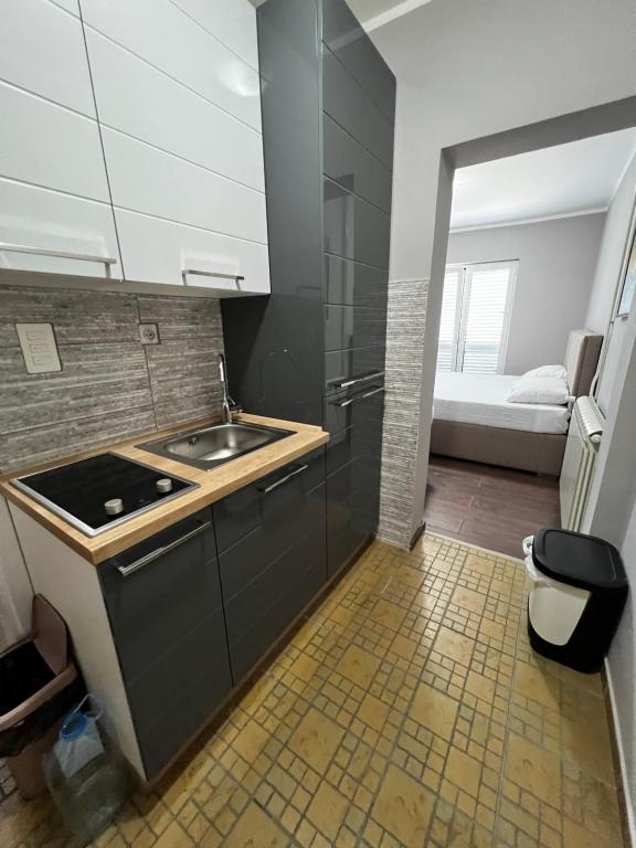 a small kitchen with a sink and a sink at Guest House Mrvaljević in Budva