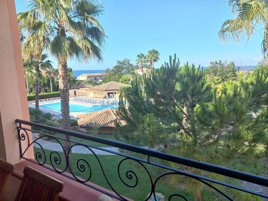d'un balcon avec vue sur la piscine et les palmiers. dans l'établissement Appartement de vacances Marine de Bravone - Corse, à Linguizzetta