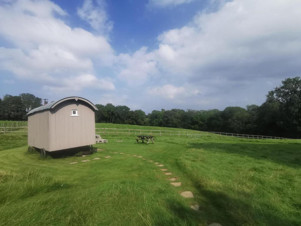 a small shed in a field with a fence at Molly Dishwasher Shepherds Hut in Frant