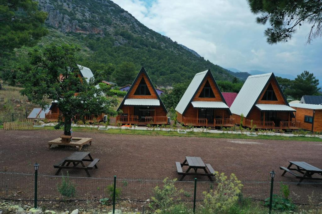 un gruppo di cabine in legno con tavoli da picnic e un albero di Lalin Suit Apart Bungalow a Kumluca