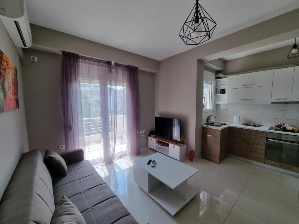 un salon avec un canapé et une cuisine dans l'établissement Ioannina city center - Michelangelo Apartments - B1, à Ioannina