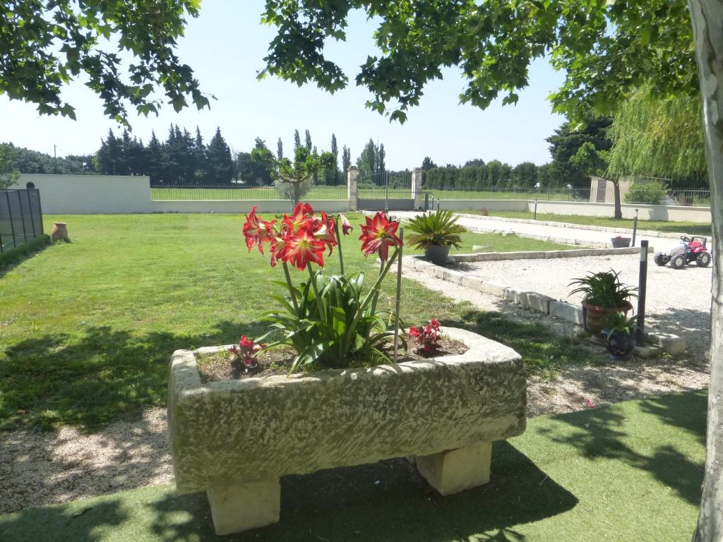 un plantador de piedra con flores rojas en un parque en Mas Aubert et son studio, en Eyragues
