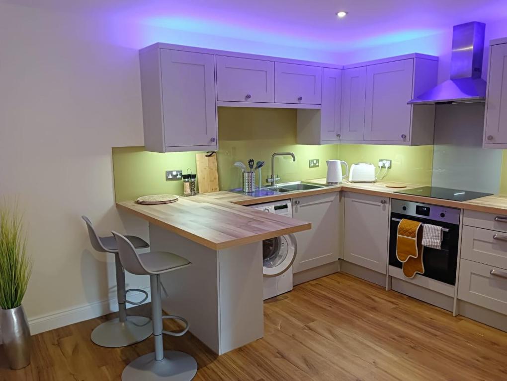 a kitchen with purple cabinets and a counter top at Barchester House Apartments in Salisbury