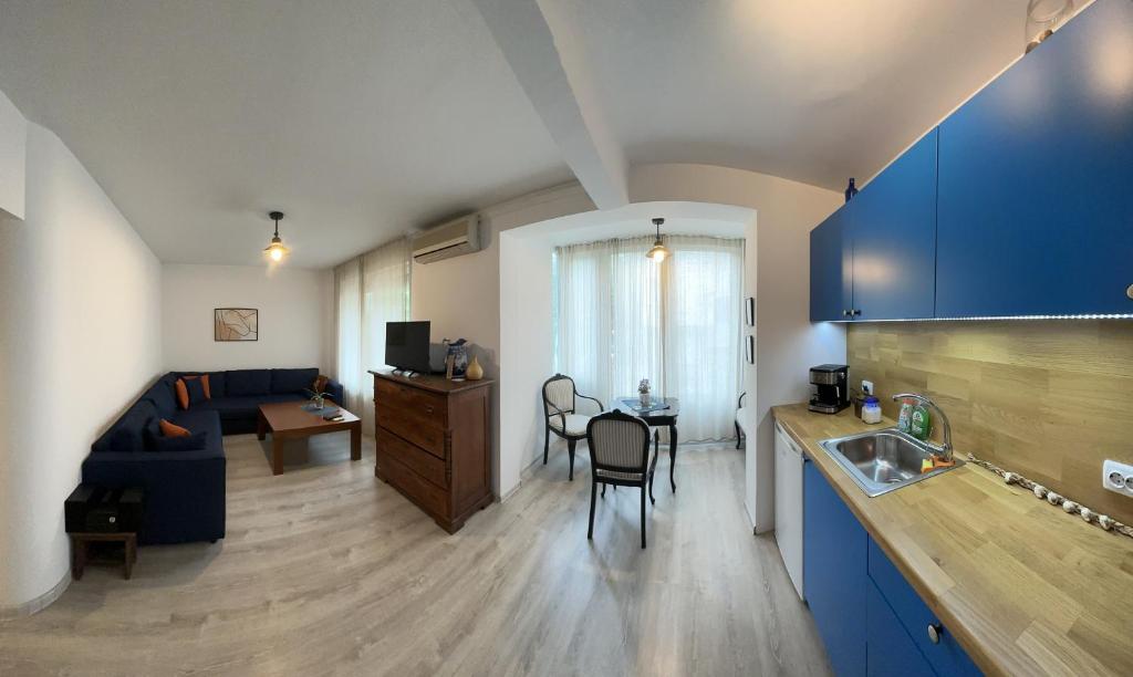 a kitchen and living room with a couch and a table at Eli's cozy place in Sofia