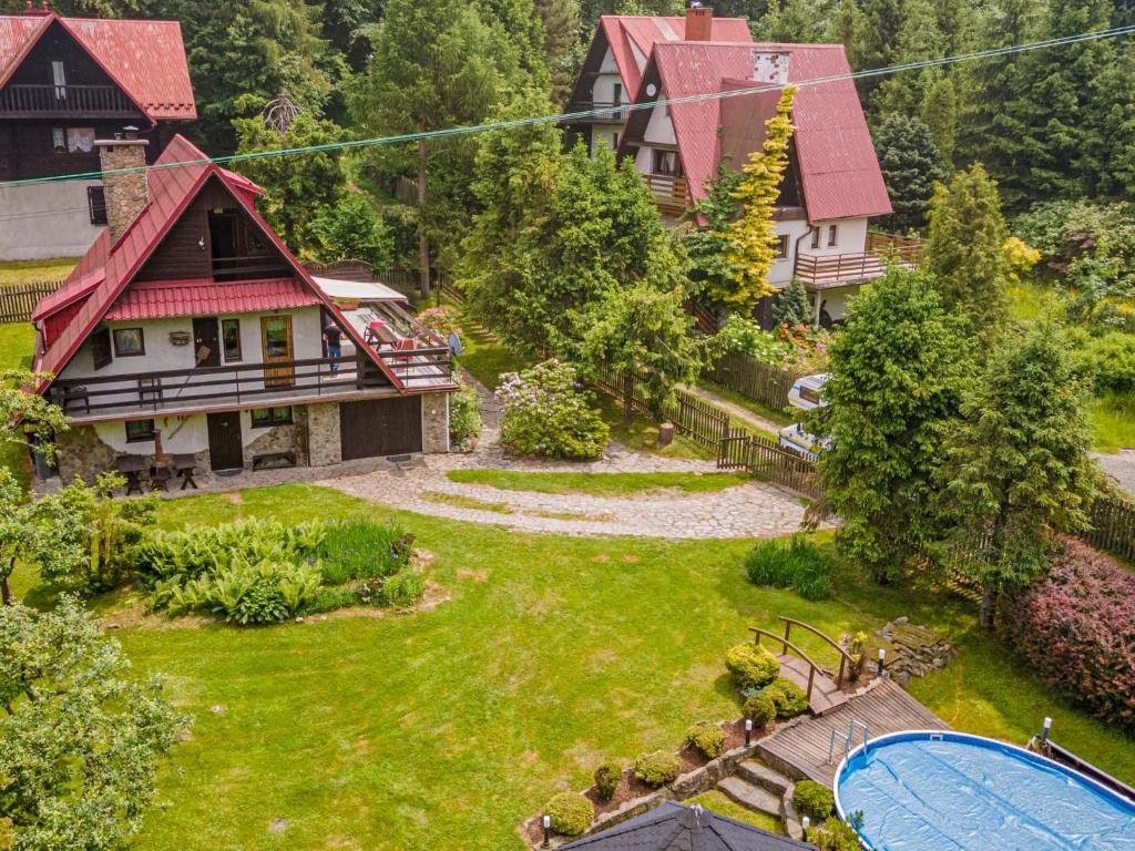 an aerial view of a yard with a house at Holiday Home Hatale by Interhome in Rzyki