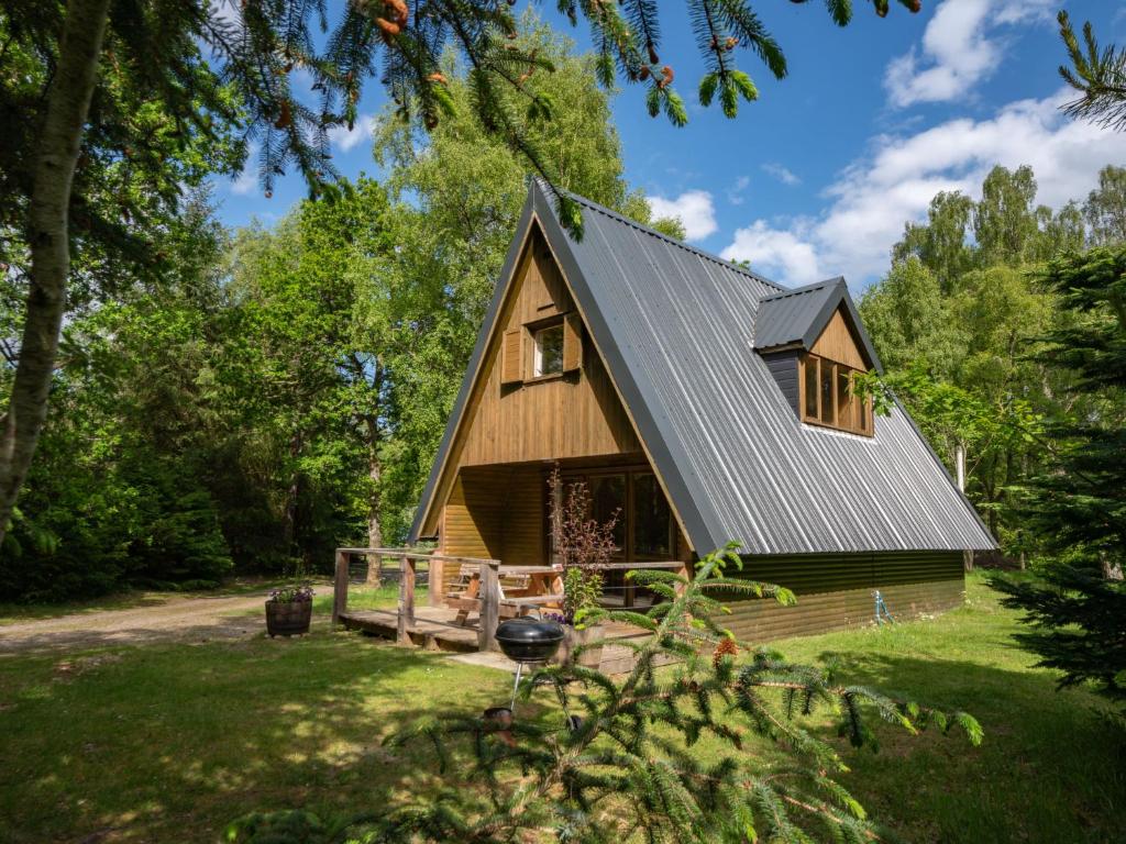 a cabin in the woods with a metal roof at Chalet Birchwood Cottage by Interhome in Inverness
