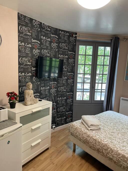une chambre avec un lit et une télévision sur un mur dans l'établissement Studio Montsouris, à Paris