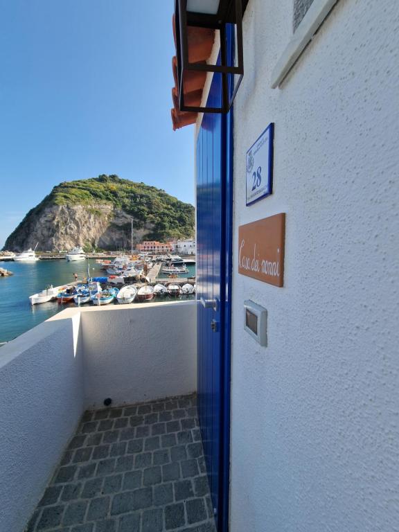 a door to a building with a view of a harbor at Casa Dei Nonni in Ischia