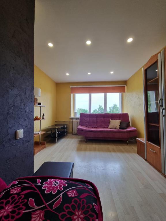 una sala de estar con un sofá púrpura en una habitación en Entire apartment in Pakruojis, en Pakruojis