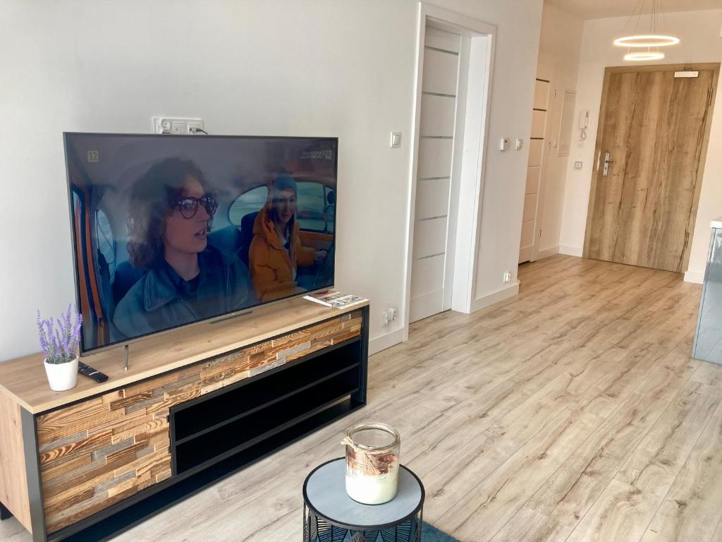 Televízia a/alebo spoločenská miestnosť v ubytovaní Apartament nr 18 - Apartamenty Wakacyjna 5