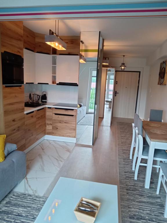 eine Küche und ein Wohnzimmer mit einem Sofa und einem Tisch in der Unterkunft Apartament Sądecki in Nowy Sącz