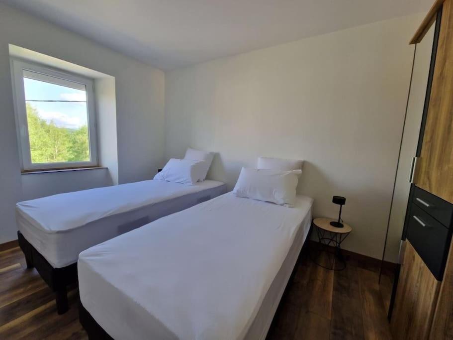 2 łóżka w małym pokoju z oknem w obiekcie maison à la campagne w mieście Bromont-Lamothe