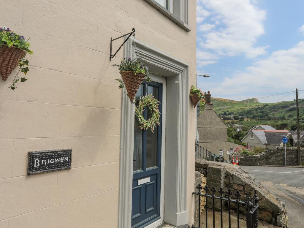 a building with a blue door with plants on it at Brigwyn in Pwllheli