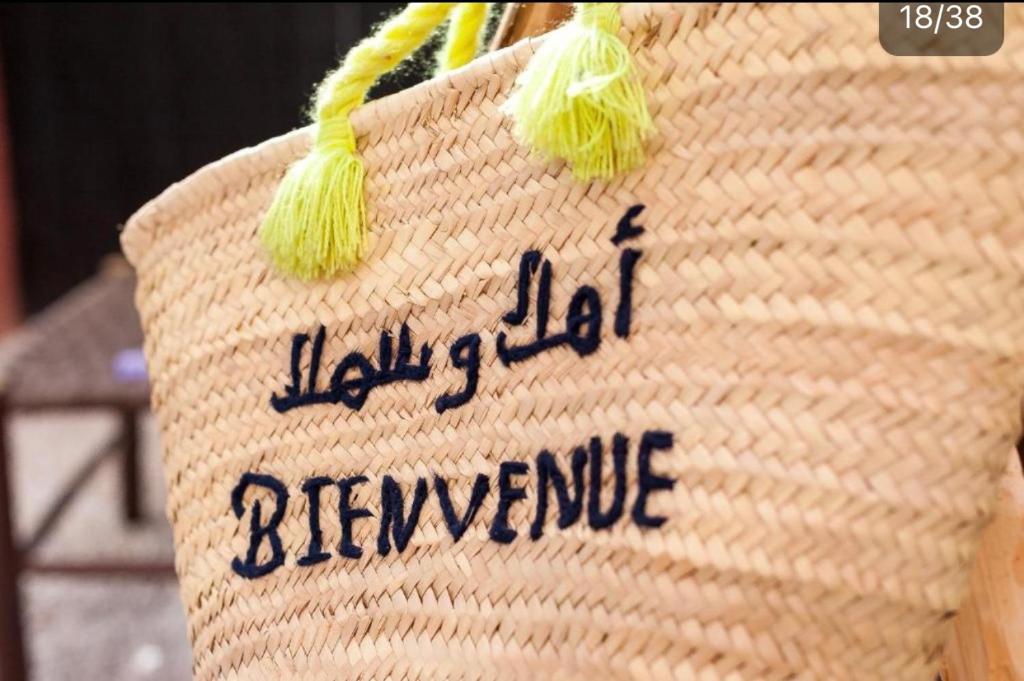 a close up of a handbag with a message on it at Riad Glamourous in Marrakesh