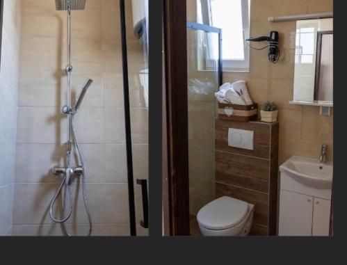 e bagno con doccia, servizi igienici e lavandino. di Apartments NIKA a Vodice
