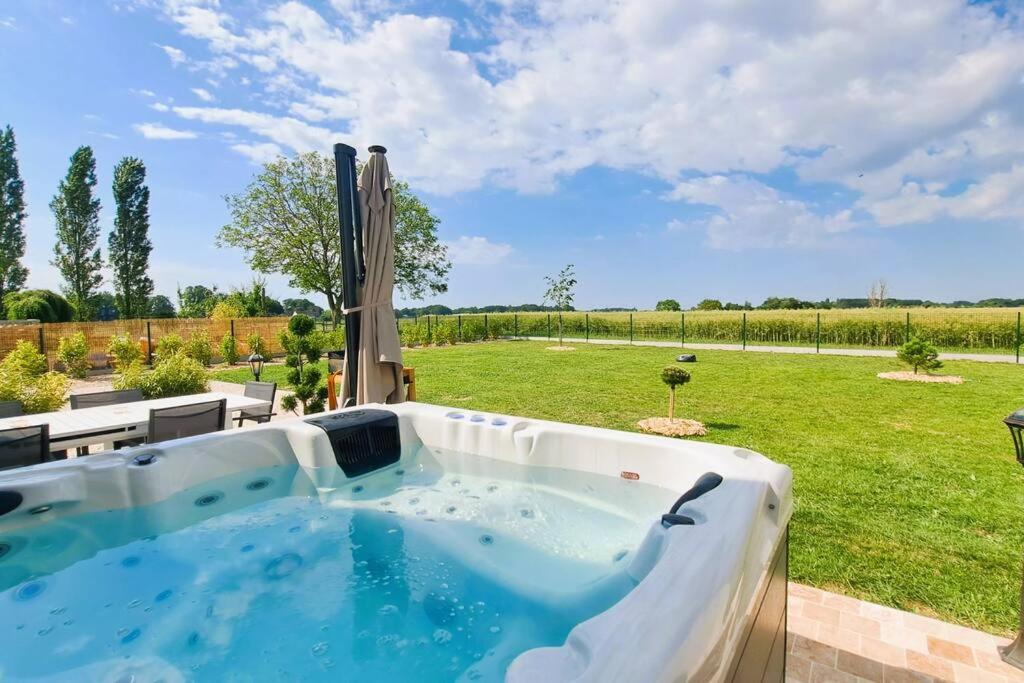 un bain à remous dans un jardin avec un champ dans l'établissement Belle longère rénovée jacuzzi sud Tours 8 p./4 ch., à Saint-Branchs