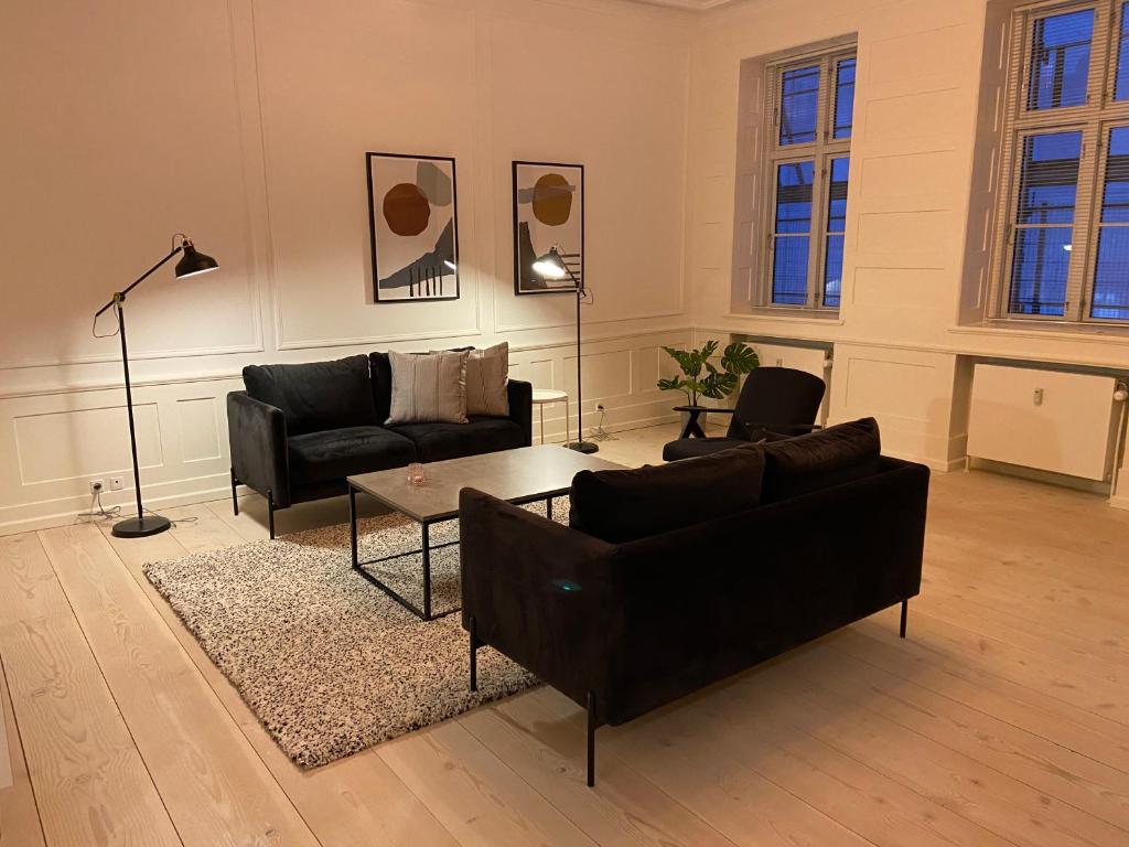 a living room with two couches and a coffee table at City Center Apartments 870 in Copenhagen