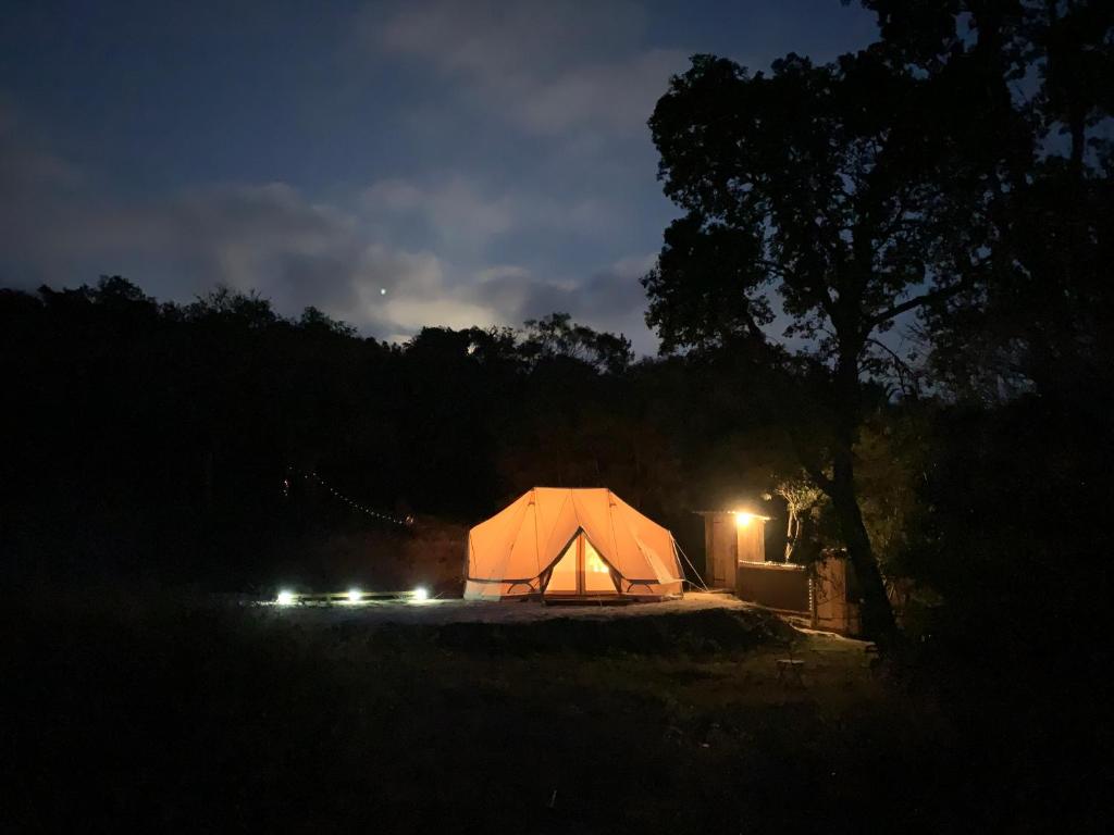 tenda illuminata in un campo di notte di Eco Glamping. Private luxury tent in Alfambras. ad Aljezur