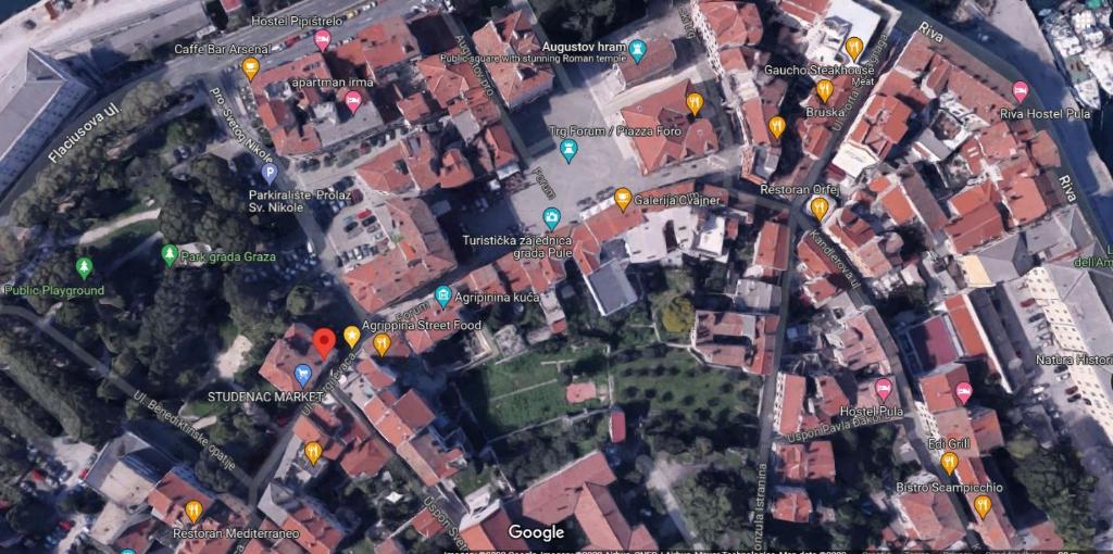a map of a city with streets and buildings at City Center Lodge in Pula