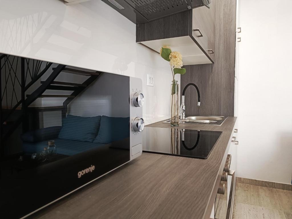 a kitchen with a bunk bed in a room at Apartman Gallery Freya in Zadar