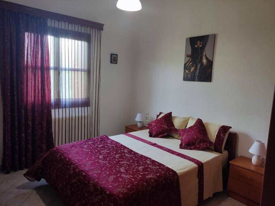 a bedroom with a bed with purple sheets and a window at Cozy Mountain View in Glóssa