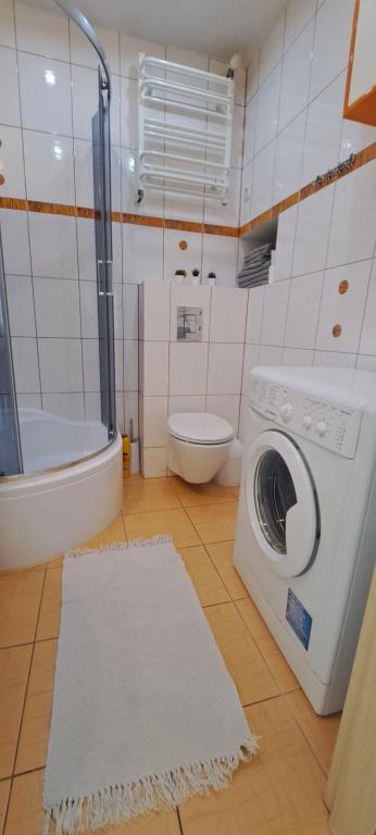 La salle de bains est pourvue d'un lave-linge et de toilettes. dans l'établissement Zaspa Apartament, à Gdańsk