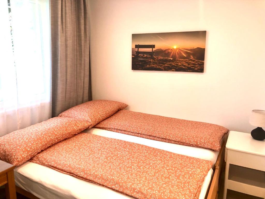 - un lit dans une chambre avec une photo sur le mur dans l'établissement Apartment Deluxe with Garden Rapperswil-Jona, à Jona