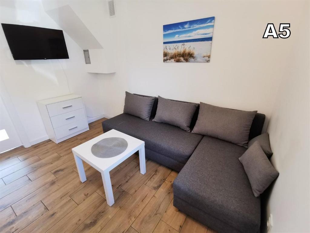 ein Wohnzimmer mit einem Sofa und einem Tisch in der Unterkunft DM APARTAMENTY Kościelna 54 in Mielno