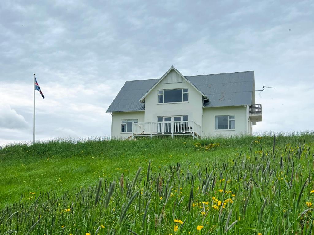 a white house on top of a grassy hill at Mengi Countryside in Kjarnholt