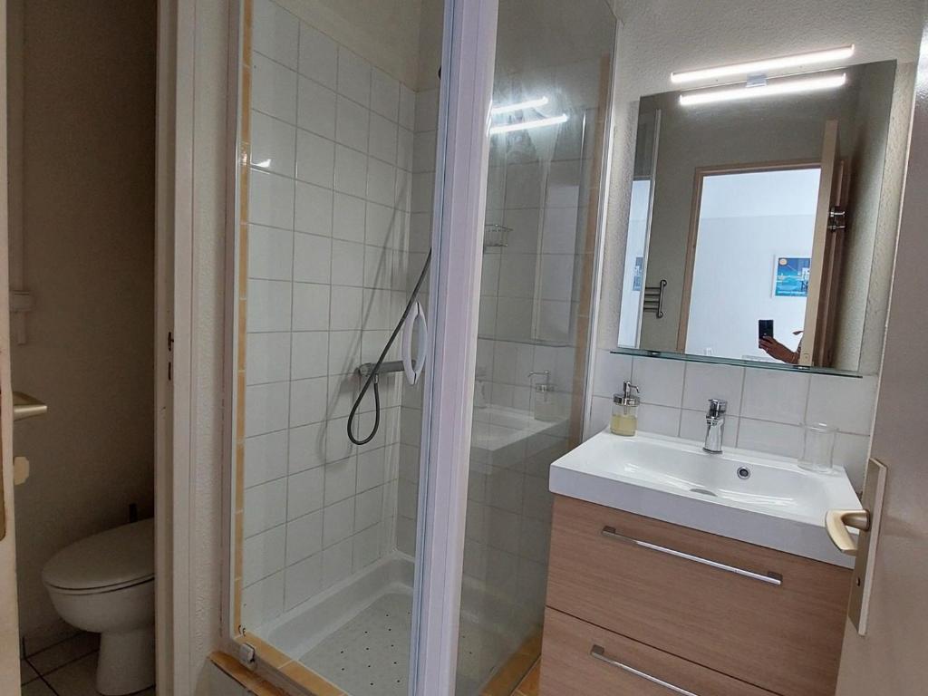 La salle de bains est pourvue d&#39;une douche, d&#39;un lavabo et de toilettes. dans l&#39;établissement Appartement Saint-Georges-de-Didonne, 2 pièces, 4 personnes - FR-1-550-64, à Saint-Georges-de-Didonne