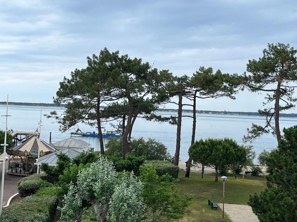 - une vue sur une étendue d'eau arborée dans l'établissement Appartement T3 Front de Mer avec Terrasse, Parking et Accès Direct Plage au Moulleau - FR-1-374-212, à Arcachon