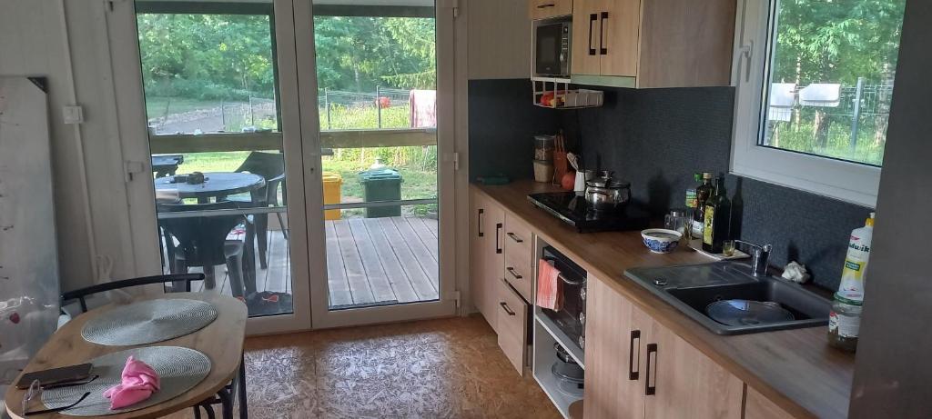 uma cozinha com um lavatório e uma mesa com vista para um pátio em Zawady Oleckie- Ostoja em Kowale Oleckie