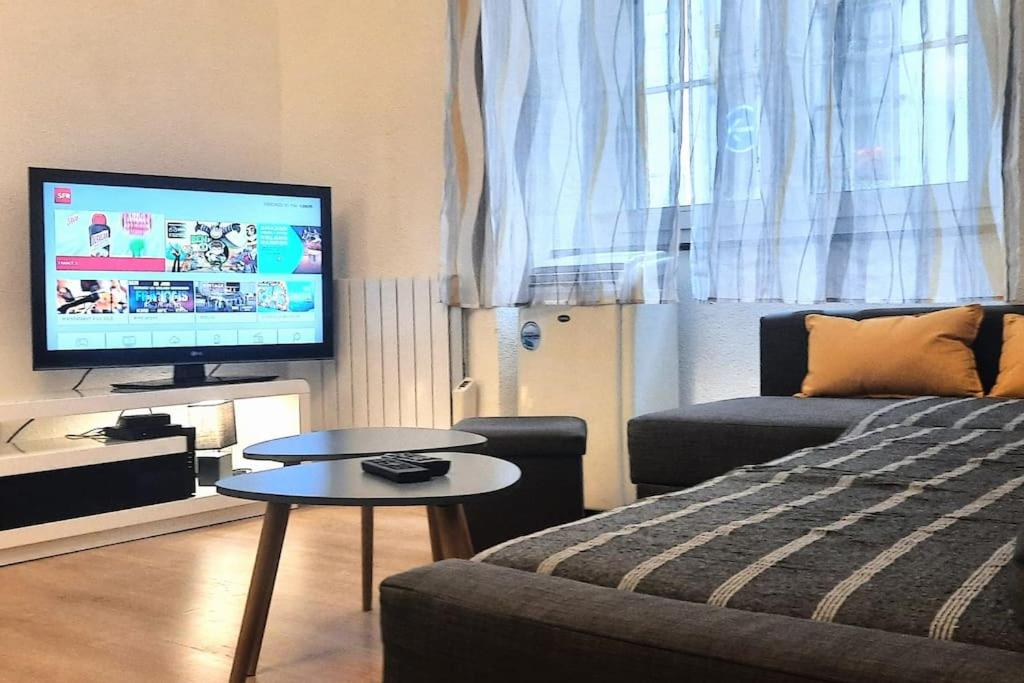 un salon avec un canapé, une télévision et une table dans l'établissement New Le 7 Clim Central Calme Parking Volumes, à Carcassonne