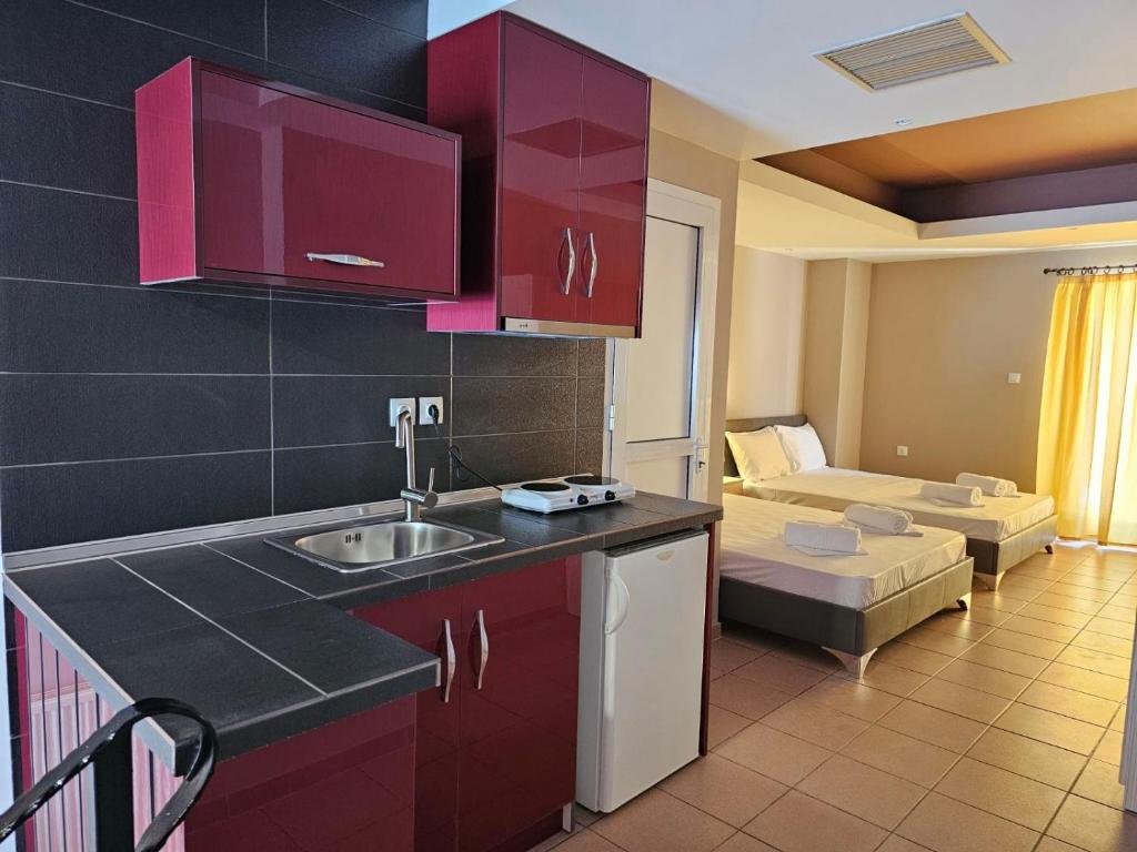 a kitchen with a sink and a living room with a couch at Adonis Apartments in Paralia Katerinis