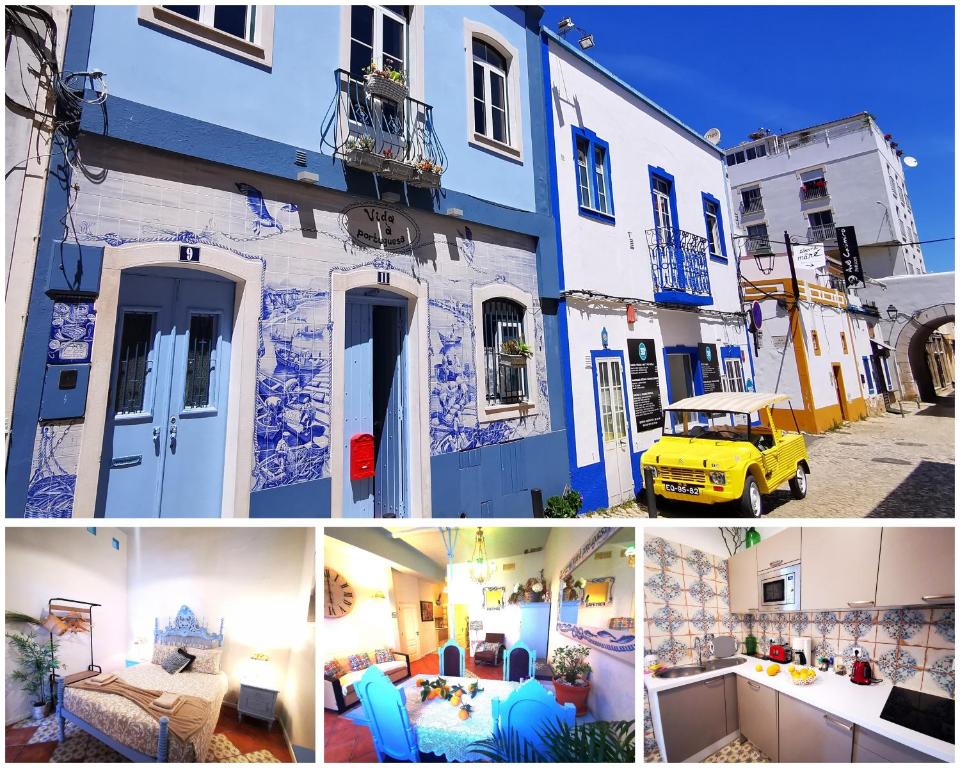 un collage de fotos de un edificio con un coche amarillo en Charming Portuguese style apartment, for rent "Vida à Portuguesa", "Sardinha" Alojamento Local en Portimão