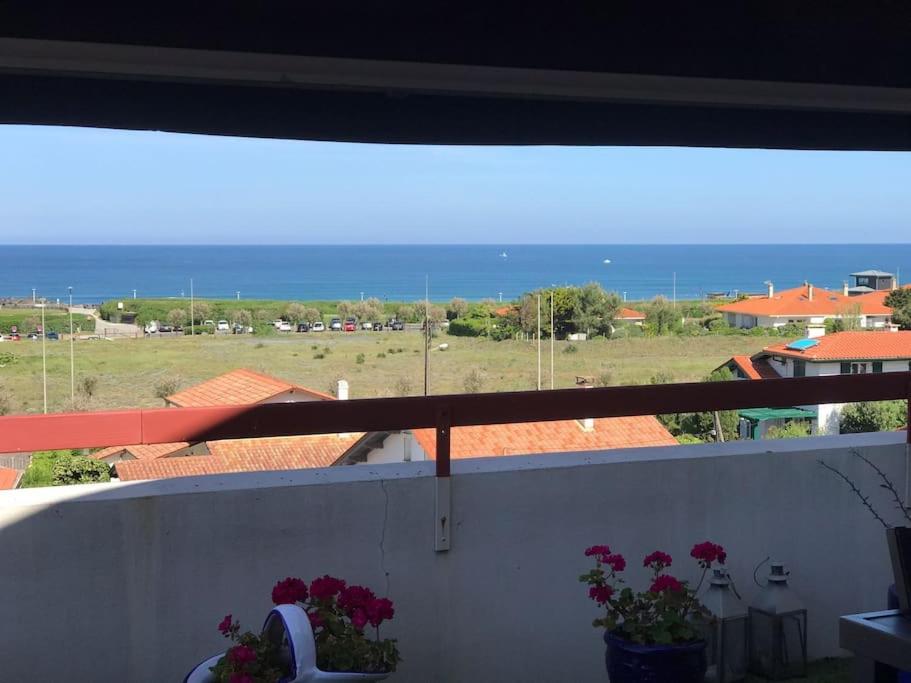 - un balcon fleuri avec vue sur l'océan dans l'établissement Bel appartement tout confort en bord des plages, à Anglet