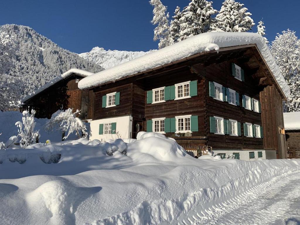 uma cabana de madeira na neve com árvores cobertas de neve em Benedikta,das Montafonerhaus em Vandans