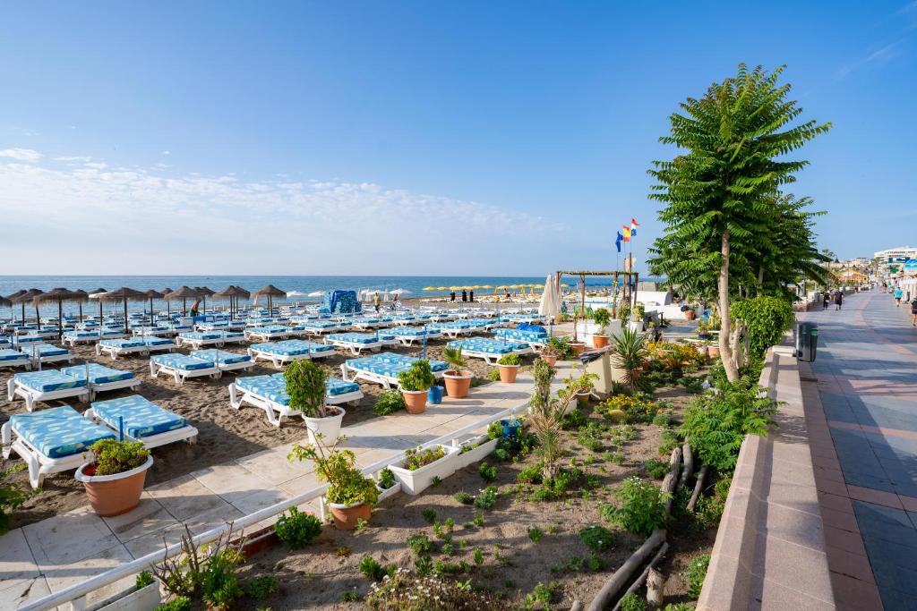 a beach with blue and white tables and the ocean w obiekcie PLAYA CARIHUELA Apartamentos El CARMEN w mieście Torremolinos