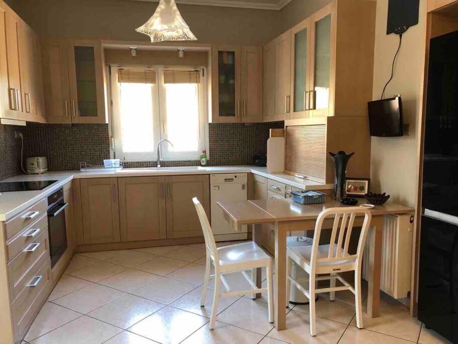 a kitchen with a table and chairs and a sink at Villa Casa Chrissy in Plagiárion
