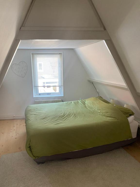 een slaapkamer met een groen bed en een raam bij Het Popelhuisje in Alkmaar