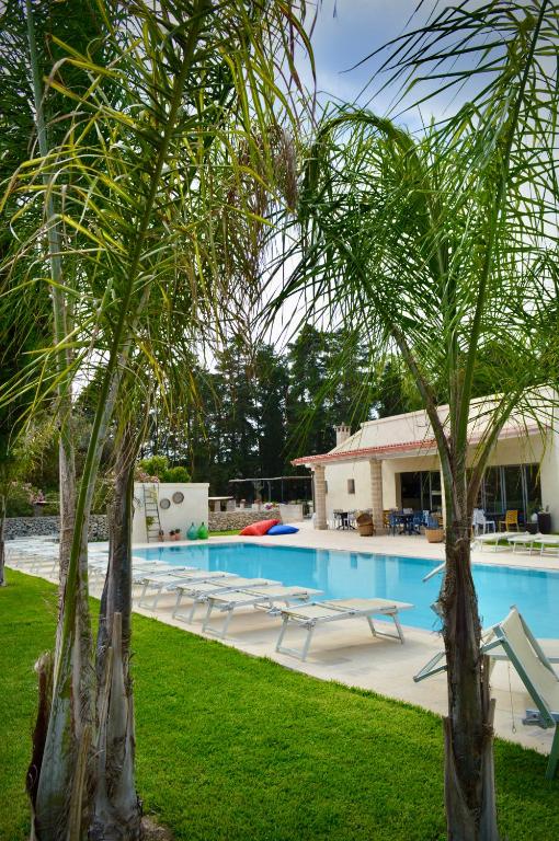 a swimming pool with lounge chairs and palm trees at Agriturismo Masseria del Bosco Makyva in Borgagne