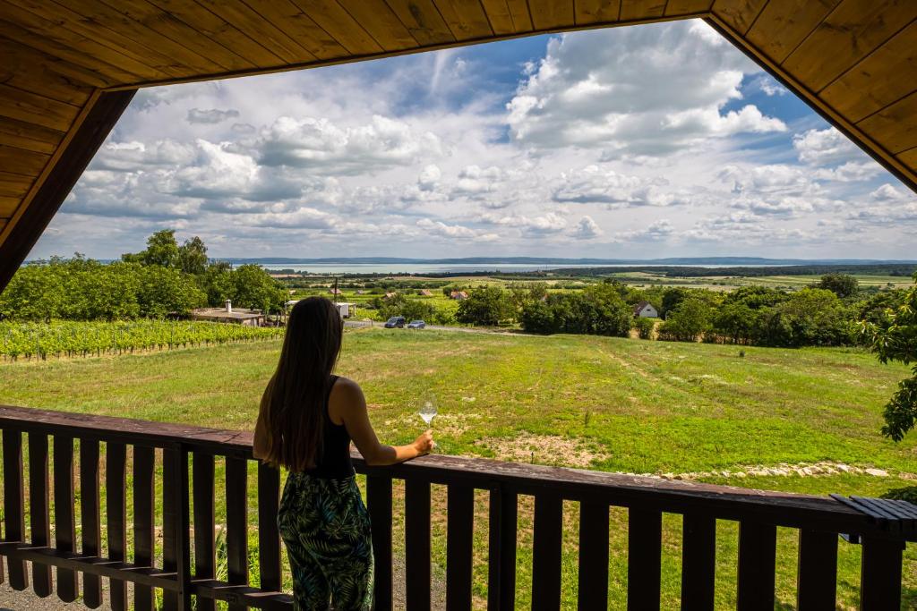 a woman standing on a balcony looking out at a field at Tagyon Birtok Panoráma Apartman in Tagyon