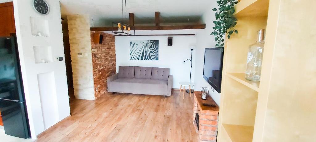 a living room with a couch and a television at Apartament Gdyńskie Zacisze in Gdynia