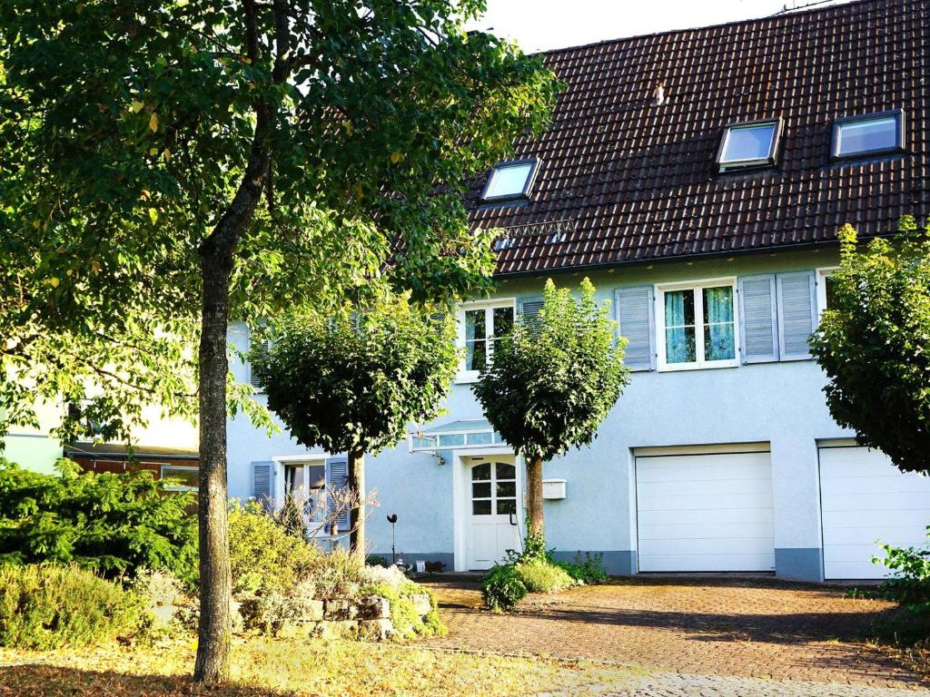 una casa azul con dos puertas blancas de garaje en Ferienhaus Lucia en Hilzingen