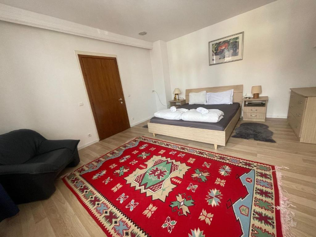 a bedroom with a bed and a red rug at Turnul Portii in Sibiu