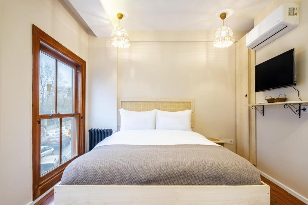 um quarto com uma cama, uma televisão e uma janela em Pleasant em Istambul