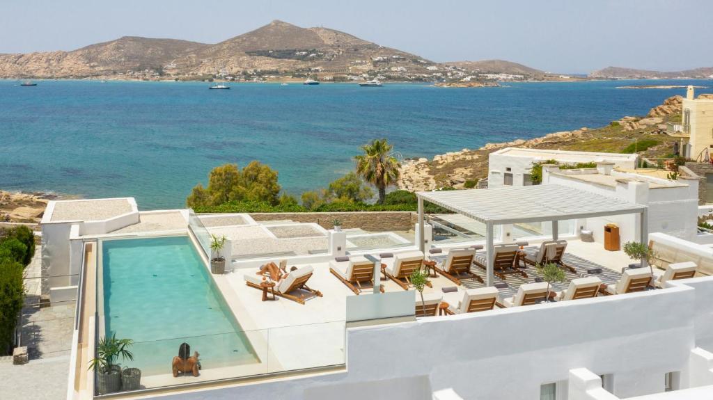 an aerial view of a villa with a swimming pool and the ocean at Parian Lithos Residence in Naousa