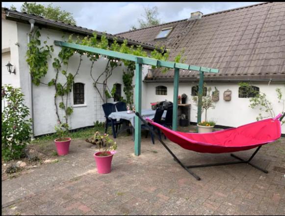 a hammock in front of a house at Rebild Skovhuse in Skorping