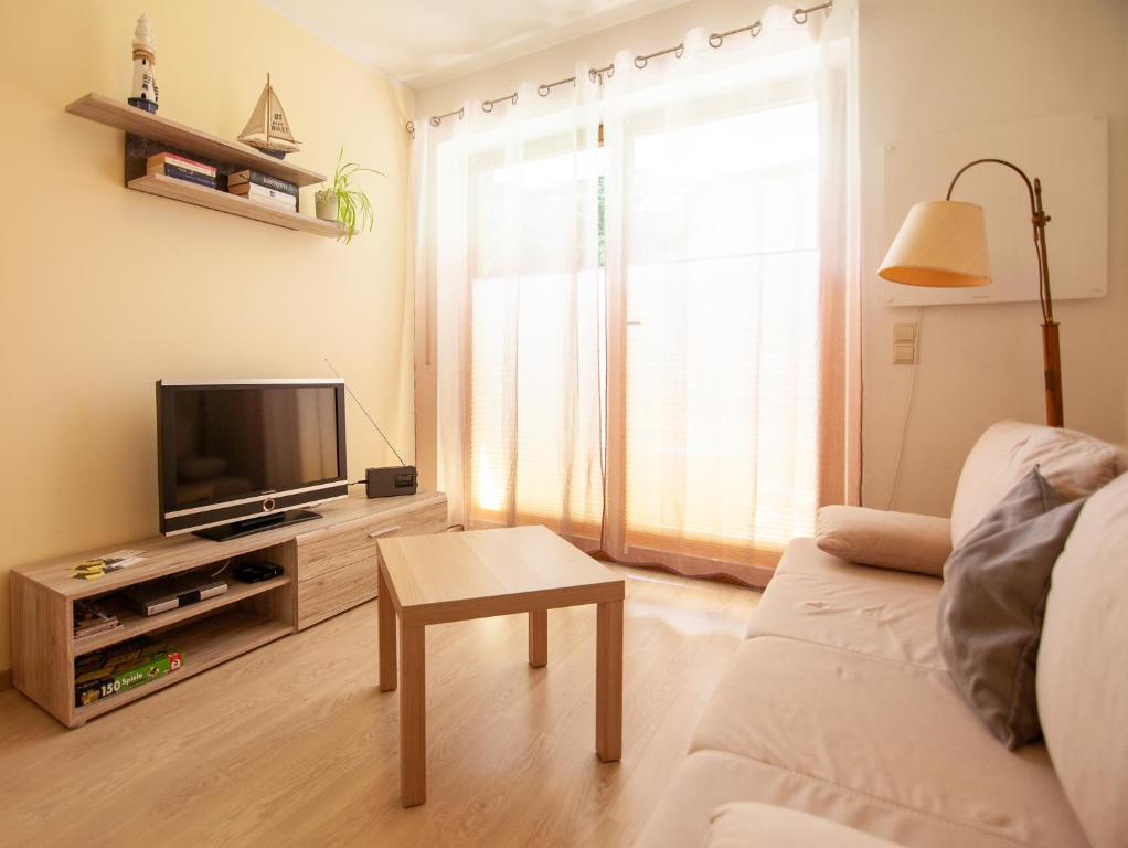 uma sala de estar com um sofá e uma televisão em Wohnperle Birkwitzer Stübchen em Pirna